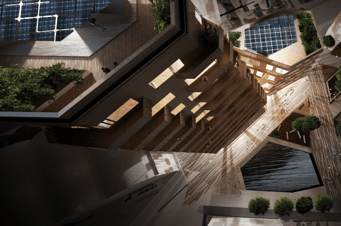 Gullhaug Torg 2A er planlagt som et kombinasjonsbygg med 0 kwh kjøpt energi til ventilasjon, oppvarming og kjøling. Utbygger: Avantor. Ill.: Snøhetta/MIR
